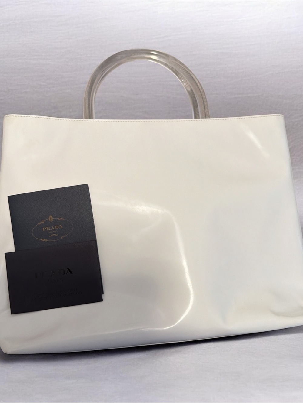 Prada White Patent Leather Tote with Clear Top Handles